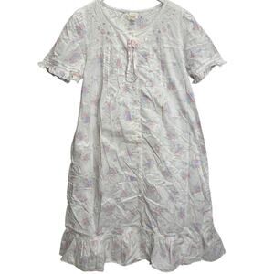 Vintage Intimate Moods Button Front Robe Gown White Floral Sz 1X Cottage Short